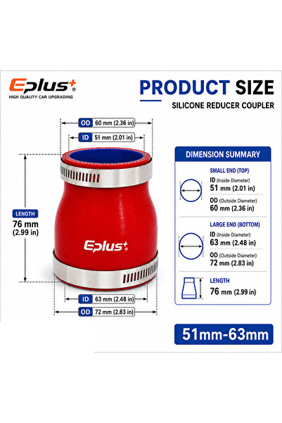 Choice16 51MM-63MM Eplus Red Silicone Tubing Reducer Hose Car Turbo Intercool...