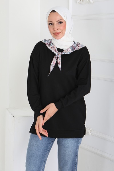 TOFİSA Tunica Modal cu eșarfă - 27873-NEGRU