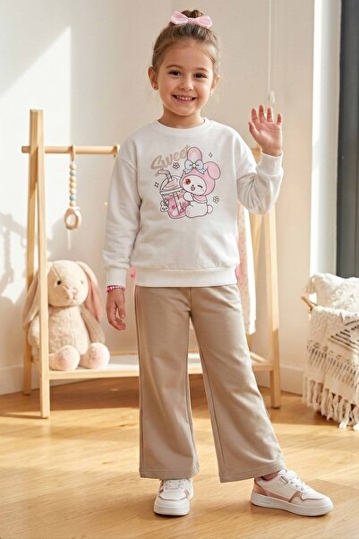 TOFİSA Girl's Beige Printed Pajama Set - 28305-Bej