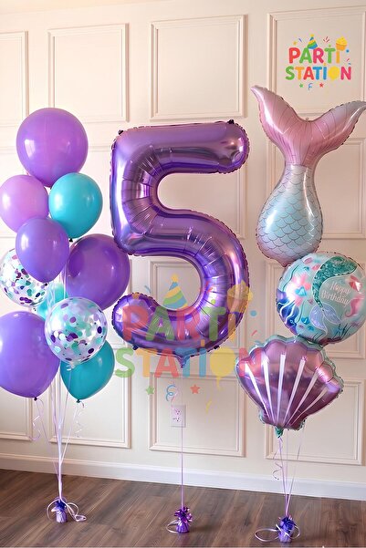 Parti Station Mor Rakam Balon 5 Yaş Deniz Kızı Temalı Doğum Günü Parti Kutlam...