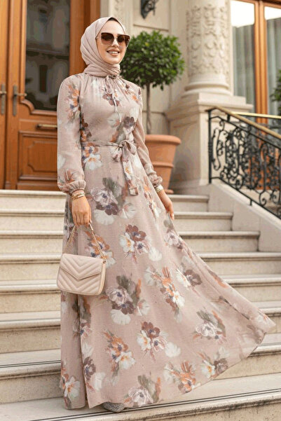 Neva Style فستان حجاب منقوش بالزهور من فرو المنك 27926V
