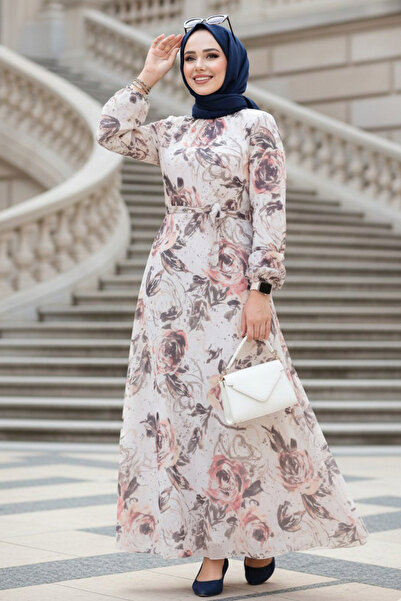 Neva Style Floral Patterned Beige Hijab Dress 27992Bej