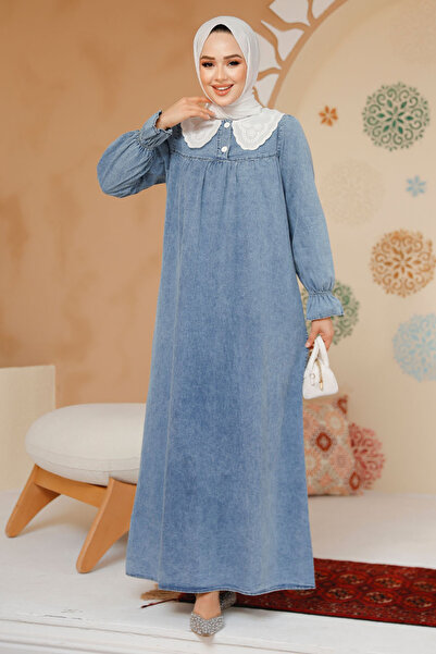 Neva Style Baby Collar Denim Blue Hijab Dress 19120m