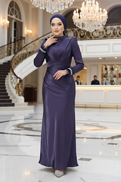 Neva Style Tüy Detaylı Lacivert Tesettür Abiye Elbise 50481L