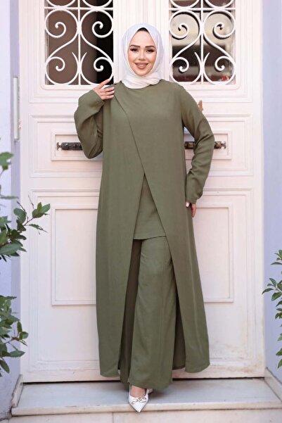 N.S NEVA STYLE Asymmetric Detailed Khaki Hijab Double Suit 76471Hk