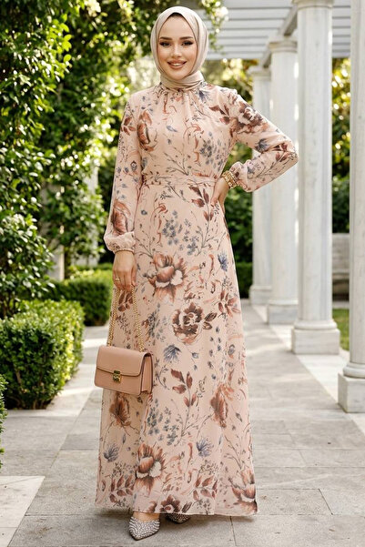 Neva Style Floral Patterned Salmon Hijab Dress 27963Smn