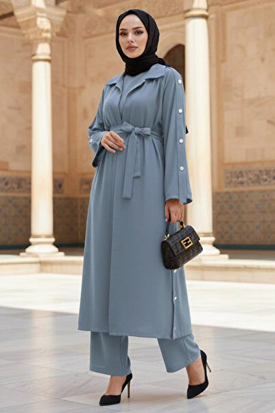 N.S NEVA STYLE Button Detail Gray Modest Triple Set 7677GR