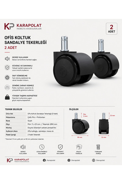 KARAPOLAT Ofis Koltuğu Tekerleği 50 mm Pimli 2 Adet Sandalye Koltuk Tekeri