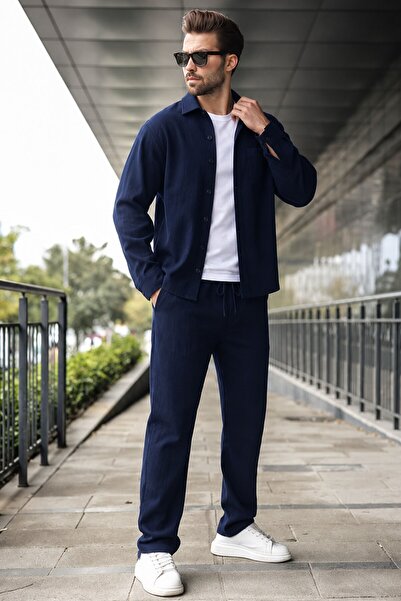 Madmext Marineblaues Kaschmir-Hemd-Hosen-Set für Herren, zweiteilig, E7328