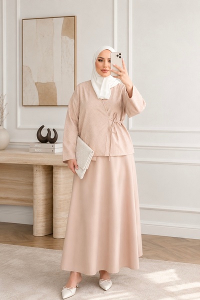 İmajButik Μπεζ Σετ Κιμονό με Πέτρινη Λεπτομέρεια και Πλαϊνό Δέσιμο με Φούστα
