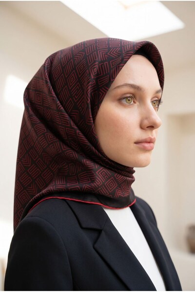 Vissona %57 İPEK %43 VİSKON Twill İpek Etnik Motif Desenli Siyah - Kırmızı Re...