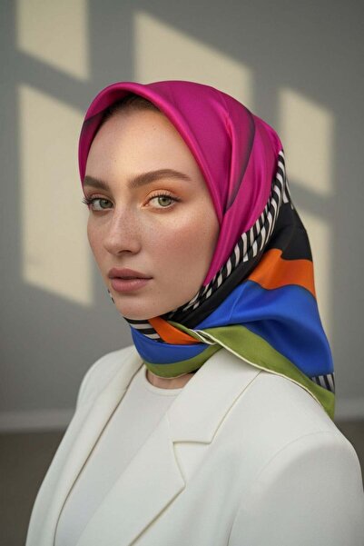 Vissona %100 Twill Renk Bloklu Çizgili Desenli Fuşya - Saks Renkli 90x90 Eşar...