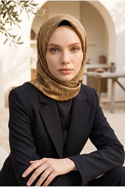 Vissona %57 İPEK %43 VİSKON Twill İpek Etnik Motif Desenli Siyah - Gold Renkl...