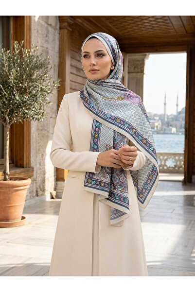 Vissona %100 Saf İpek Şal İnce Saten Vual Dokuma Etro Desenli Krem - Mürdüm R...