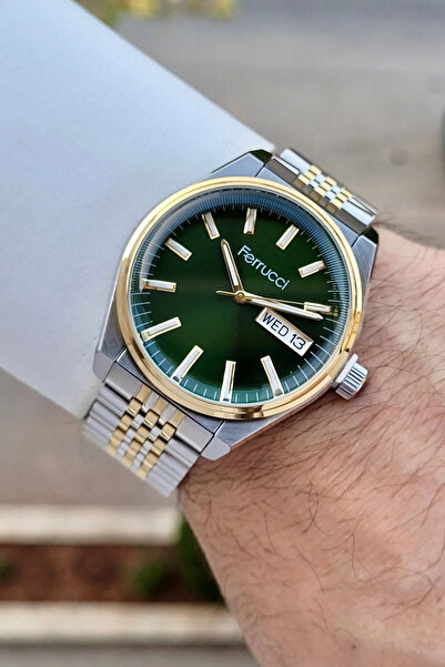 Ferrucci Kadranı Yeşil Kordonu Sarı Silver Renk 40 Mm Erkek Kol Saati