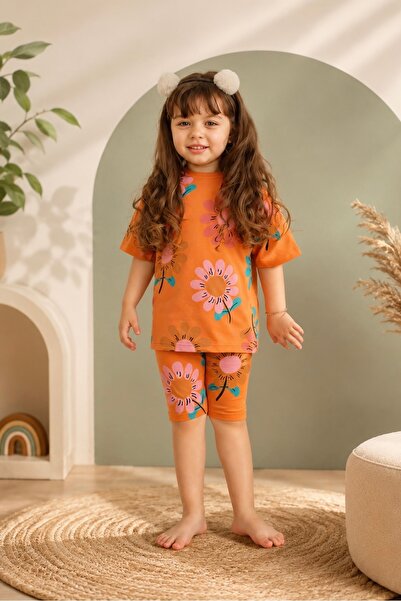 Morbellabutikaksesuar Kız Çocuk Çiçek Desenli Taytlı Takım - Kiremit Rengi (3...