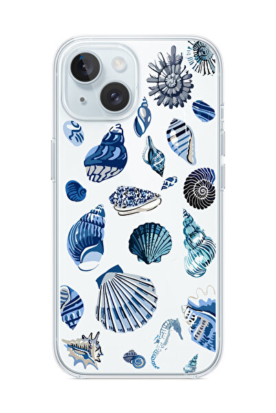 3GEN CASE iPhone 13/iPhone 14 Uyumlu Mavi Deniz Kabukları Desenli Şeffaf Sili...