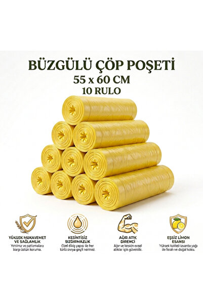 livaambalaj Büzgülü Limon Kokulu Sarı Çöp Torbası Poşeti / 55 x 60 Cm X10 Rulo