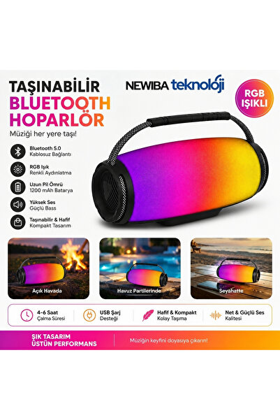 Newiba Teknoloji RGB Işıklı Taşınabilir Bluetooth Hoparlör - Güçlü Bas ve Uzu...