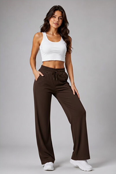 BANEGA Women's Brown Ribbed Elastic Waist Ribbed Tights Sweatpants Bootcut