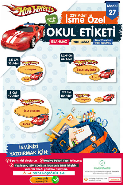 t tuğset etiket Okul Etiketi Hot Wheels Kalem Defter Etiketi Özel İsim Yazıla...