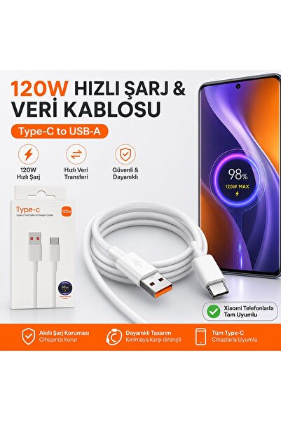 Xiaomi Uyumlu 120W Hızlı Şarj Kablosu (Kutulu)