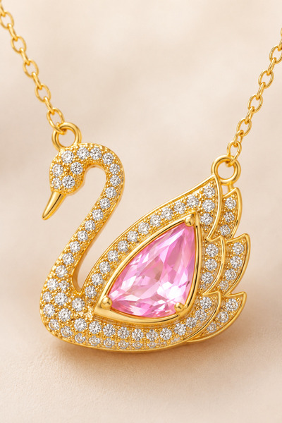vogutima Kadın Çelik Kolye - Swan Kuğu Model Pembe Zirkon Taş İşlemeli Gold K...