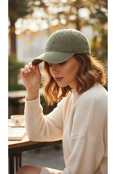 3D Unisex Haki Düz Eskitme Şapka