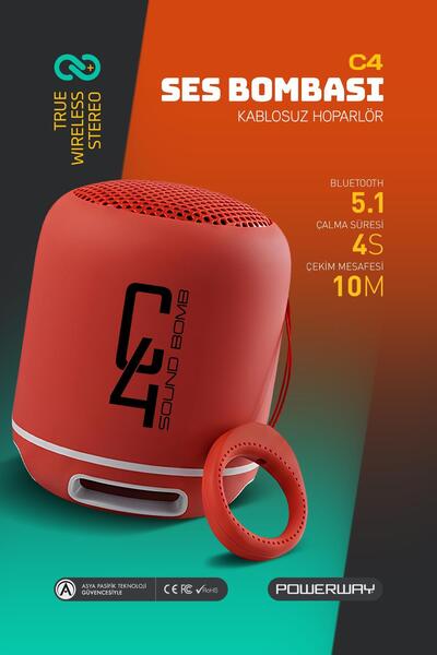 POWERWAY C4 Kırmızı Taşınabilir Bluetooth Hoparlör Ses Bombası Yüksek Ses Güc...