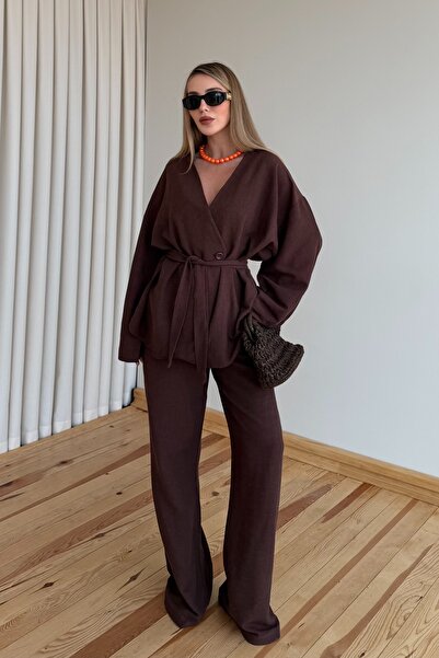 Laluvia Set pantaloni largi kimono din bumbac maro