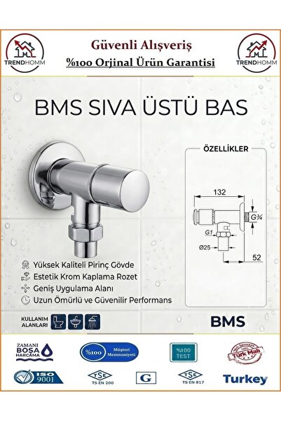 BMS Zaman Ayarlı Sıva Üstü Bas 3/4'' - %100 Prinç - Orjinal Ürün
