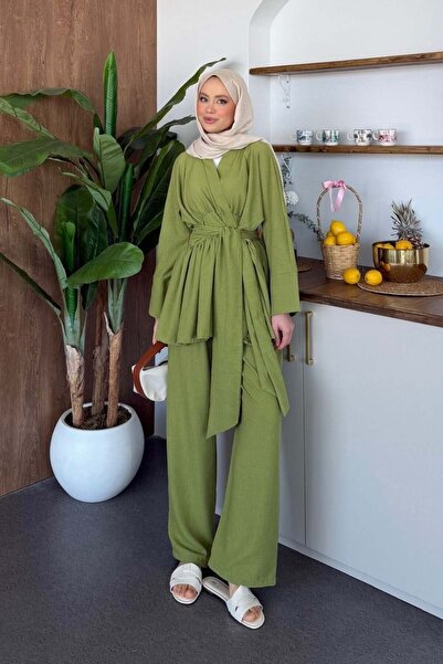 Şulemoda Giyim طقم كيمونو فيسبير باللون الأخضر العشبي