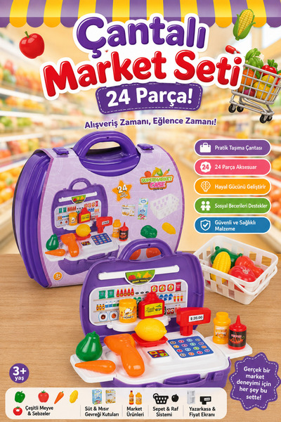 craftivio Market Set with Bag 24-Piece Toy Cash Register and Vegetables Educa...