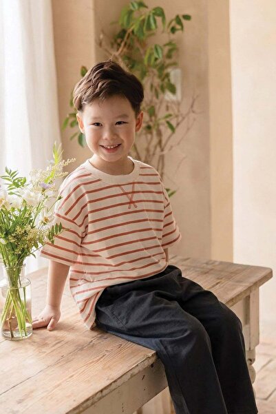 Cigit Oversize T-Shirt Wide Cut Pants Set 2-10 Years Orange Striped
