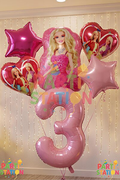 Parti Station Barbie Folyo Balon Set Barbie Kalp Pembe 3 Yaş Balon Set Barbie...