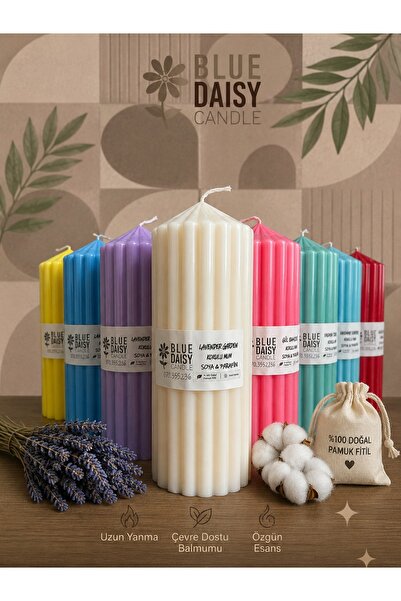 BlueDaisyCandle DALGALI SÜTÜN MUM BEYAZ RENK LAVANTA kokulu 1 ADET mum , SİLİ...