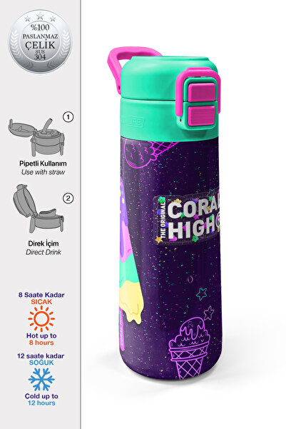 Coral High Kids Mor Pembe Dondurma Desenli Pipetli ve Direkt İçim Çelik Termo...