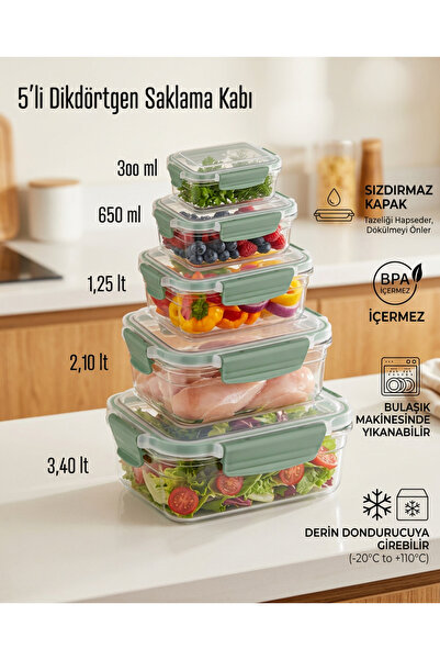 MAXİFRESH Dikdörtgen Kilitli Saklama Kabı 5'li set