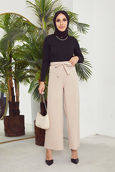 Foremia Waist Elastic Detailed Loose Trousers-Stone