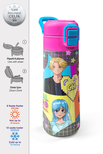 Coral High Kids Gri Mavi Pembe Anime Desenli Pipetli ve Direkt İçim Çelik Ter...