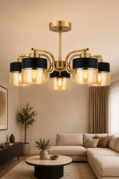 ESSLİGHT Verona 5’li Eskitme Bal Camlı Modern Salon Mutfak Yatak Odası Avizesi
