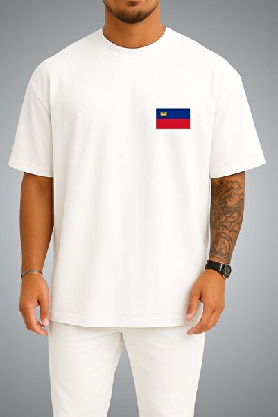Bahriyeli Collection Oversize Lightenstein Flag Pocket Printed Unisex T-Shirt