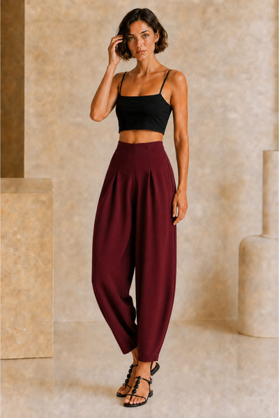 WOMAN VISION Pantaloni de damă bordeaux, cu talie înaltă, plisați, din crep, ...