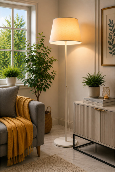 Luna Lighting Lucca Model Krem Metal Ayaklı Bohem Lambader 145 cm Kumaş Başlı...