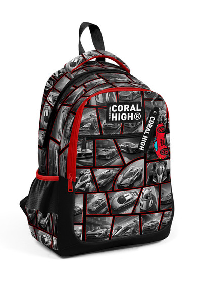 Coral High Black Red Car Patterned Three Compartment School Backpack 14429