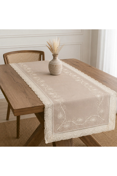 ÖDEL HOME Buldan Kumaşı Dantelli Iplik Işlemeli 50x130 Cm Runner