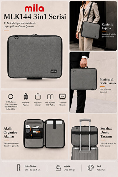 Mila 3in1 Series Mlk144 13,14 Inch Compatible Tablet, Laptop Hand and Shoulde...