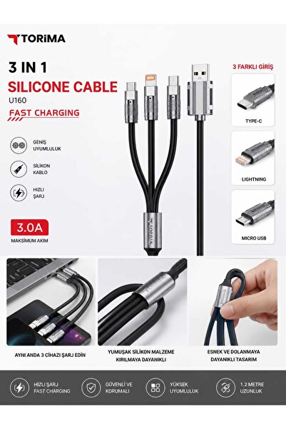 shop Şarj Kablosu Usb to Type-C Lightning Micro 3IN1 Data Kablo U160 Beyaz