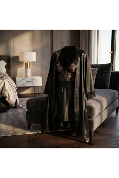 Lady Lingerie طقم قميص نوم وروب نسائي من الساتان مكون من قطعتين - قميص نوم من...