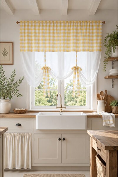 cotton maison Naturel Potlu Ekose Tül Perde Retro